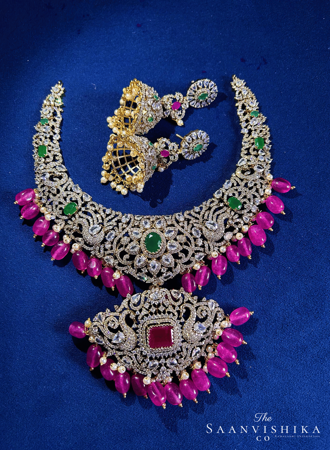 Detachable Pendant Beads Necklace with Jumka Ruby