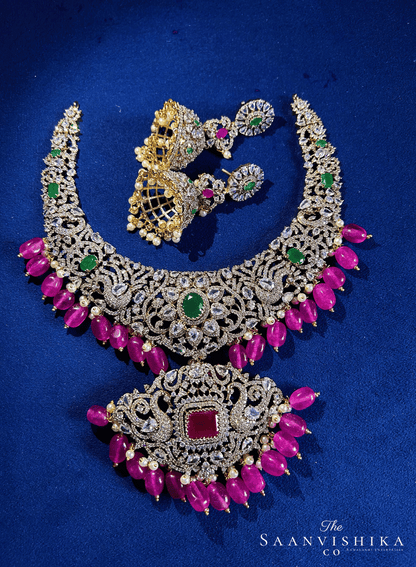 Detachable Pendant Beads Necklace with Jumka Ruby