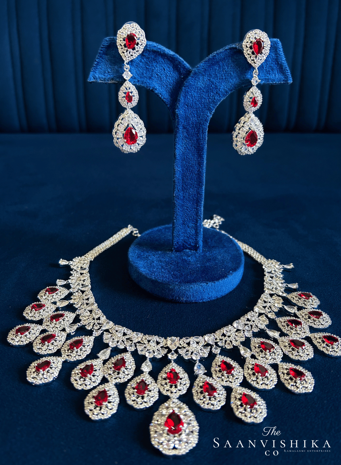 Double Droplet CZ Diamond Necklace (Red)