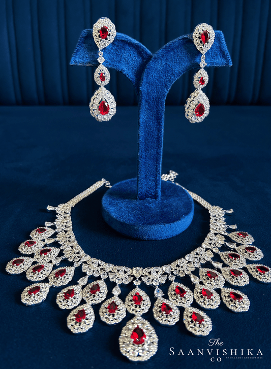 Double Droplet CZ Diamond Necklace (Red)