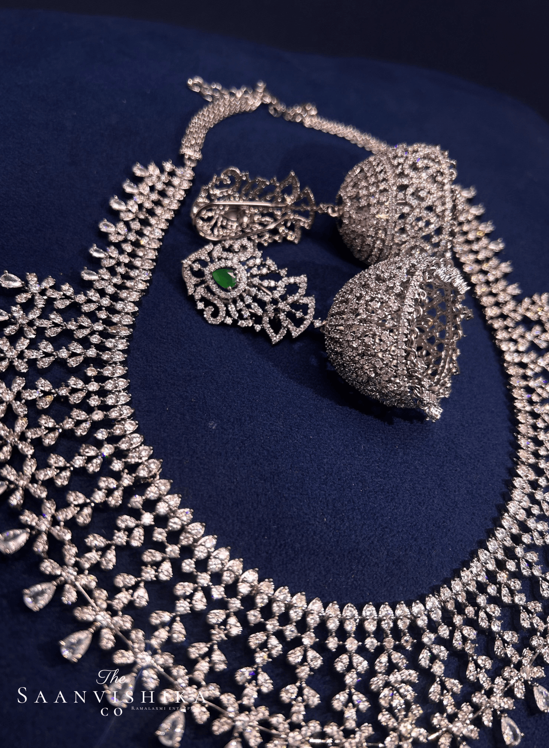 Detachable Pendant Grand Diamond Necklace  with Earrings Green