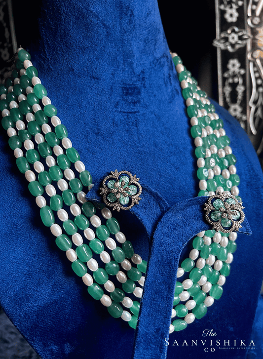 5 Line Beaded Mala (Green and white) with Floral studs