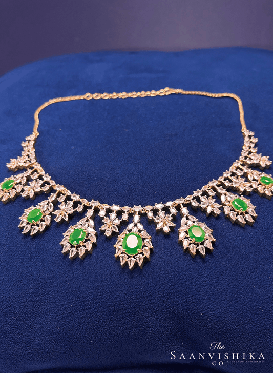 Hexagonal Gem Diamond Necklace with Earrings Green with Earrings