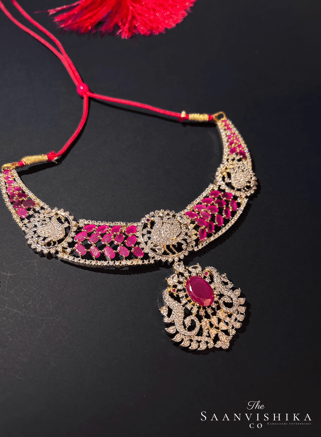 Peacock Necklace Ruby Red with Earrings
