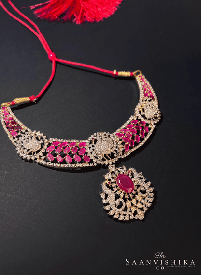Peacock Necklace Ruby Red with Earrings