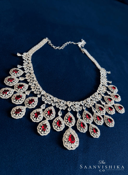 Double Droplet CZ Diamond Necklace (Red)