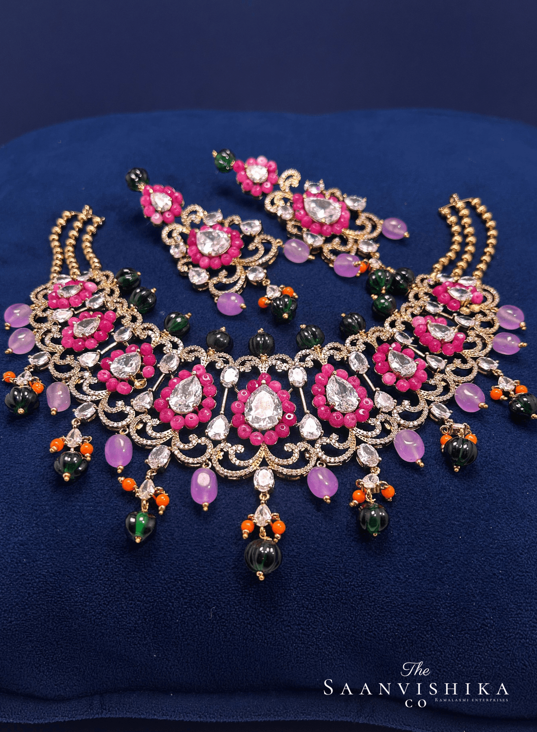 Stylish Modern Beaded Necklace  with Earrings Pink