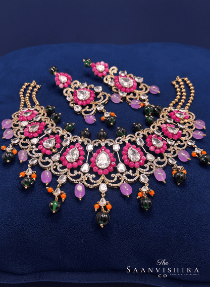 Stylish Modern Beaded Necklace  with Earrings Pink