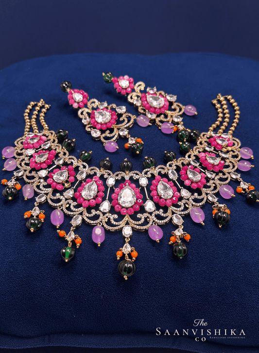 Stylish Modern Beaded Necklace  with Earrings Pink
