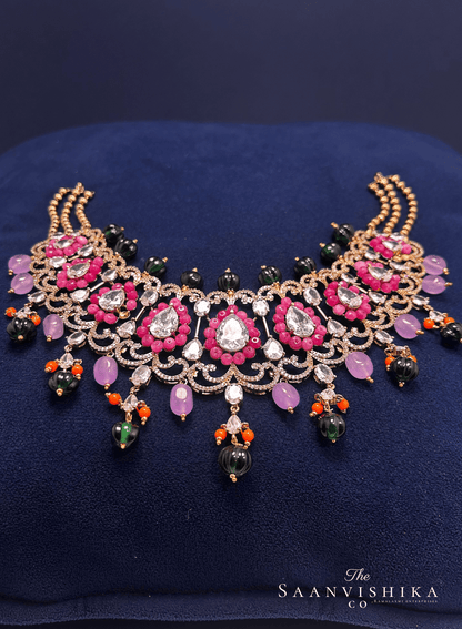 Stylish Modern Beaded Necklace  with Earrings Pink