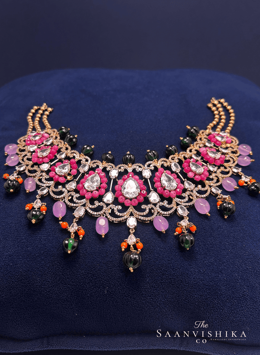Stylish Modern Beaded Necklace  with Earrings Pink