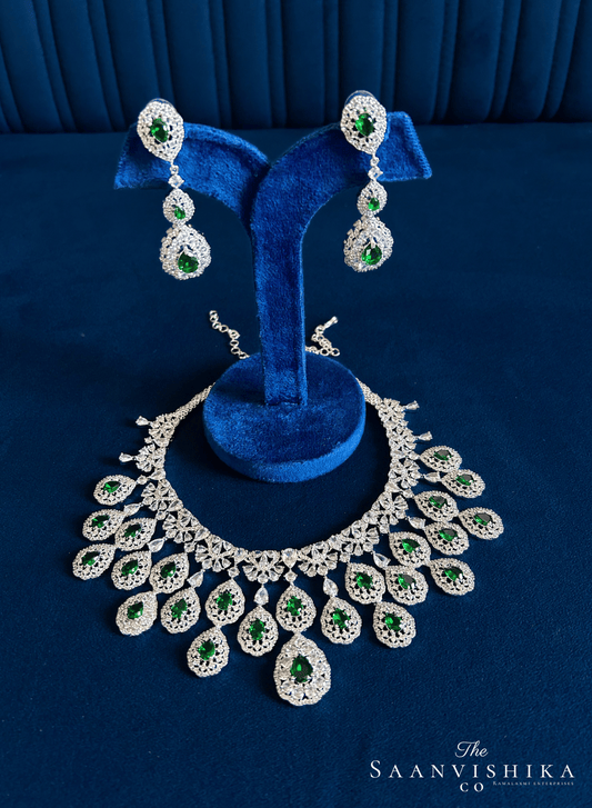 Double Droplet CZ Diamond Necklace (Green)