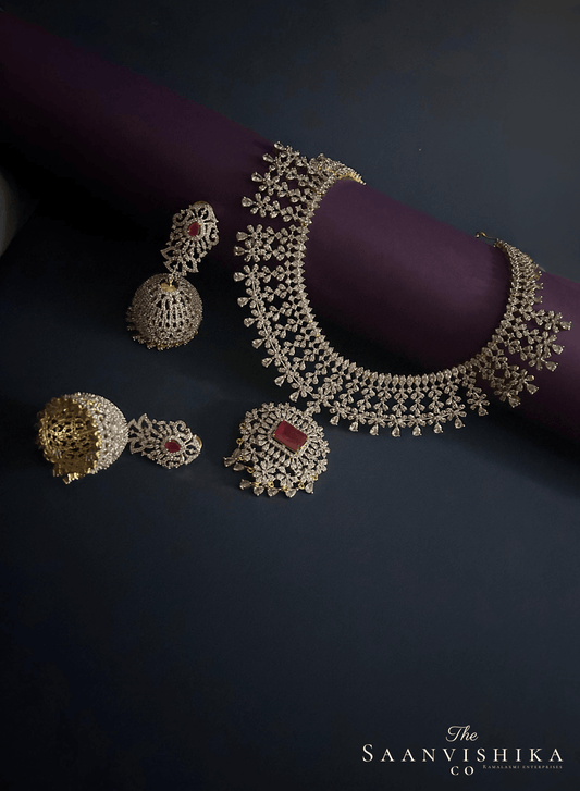 Grand Pendant Diamond Necklace with Earrings Red