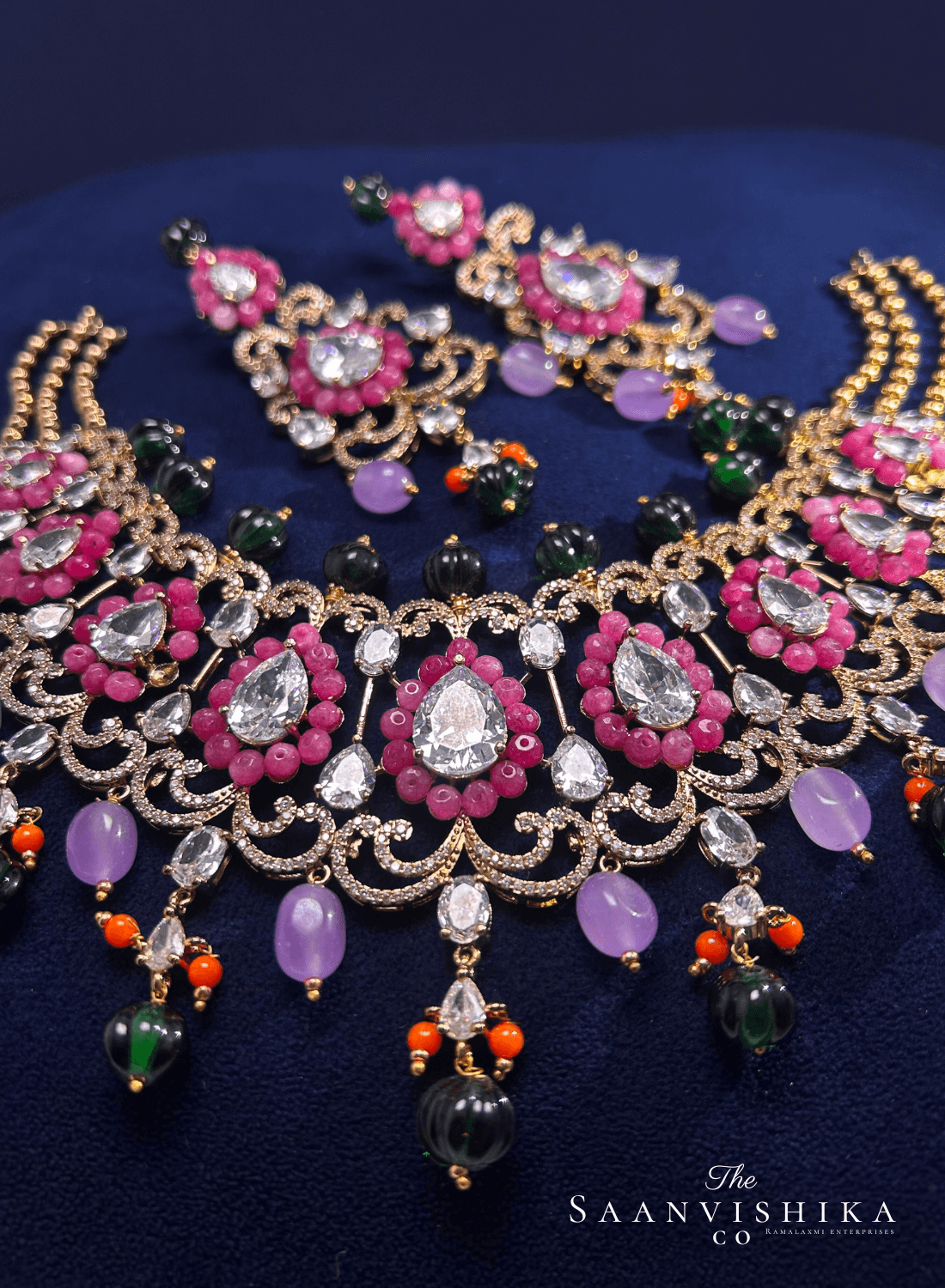 Stylish Modern Beaded Necklace  with Earrings Pink