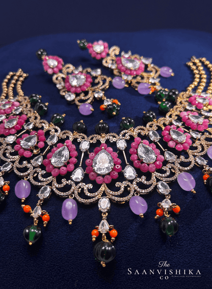 Stylish Modern Beaded Necklace  with Earrings Pink
