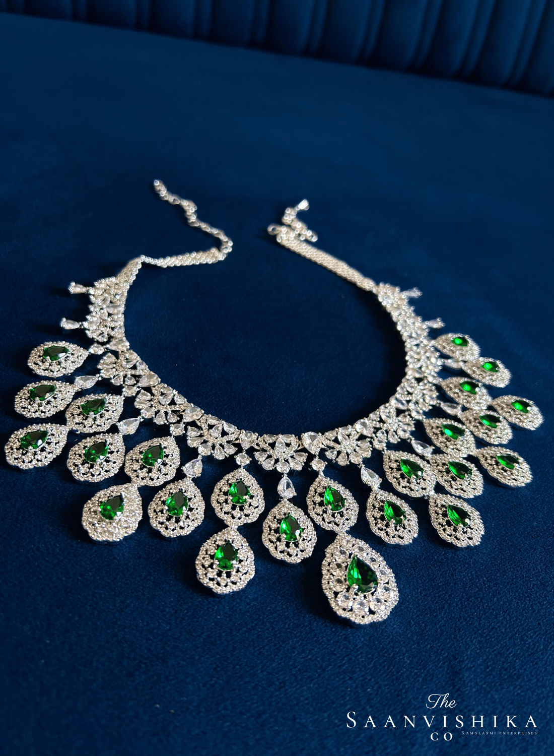 Double Droplet CZ Diamond Necklace (Green)