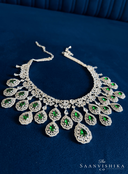 Double Droplet CZ Diamond Necklace (Green)