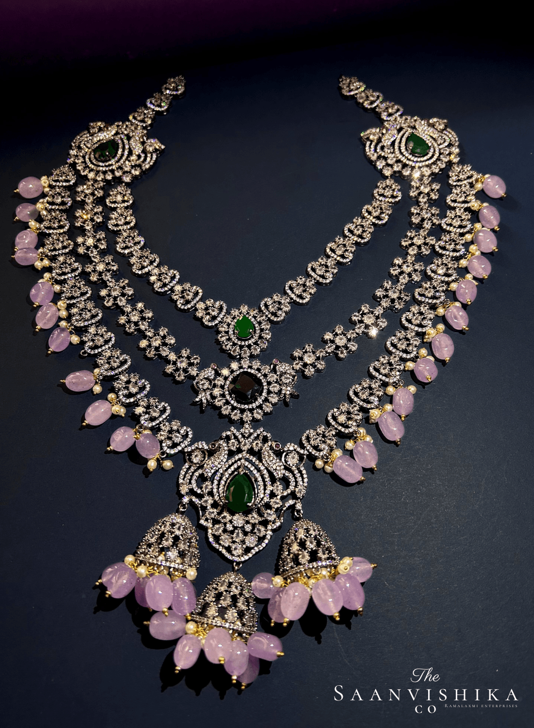 Triple Gemstone Pink Beads Diamond Necklace Green