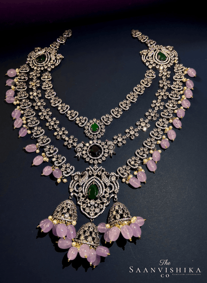 Triple Gemstone Pink Beads Diamond Necklace Green