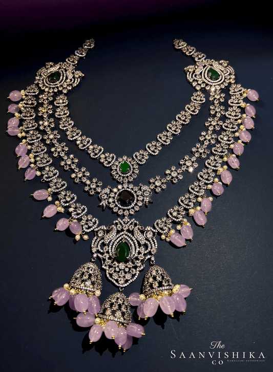 Triple Gemstone Pink Beads Diamond Necklace Green