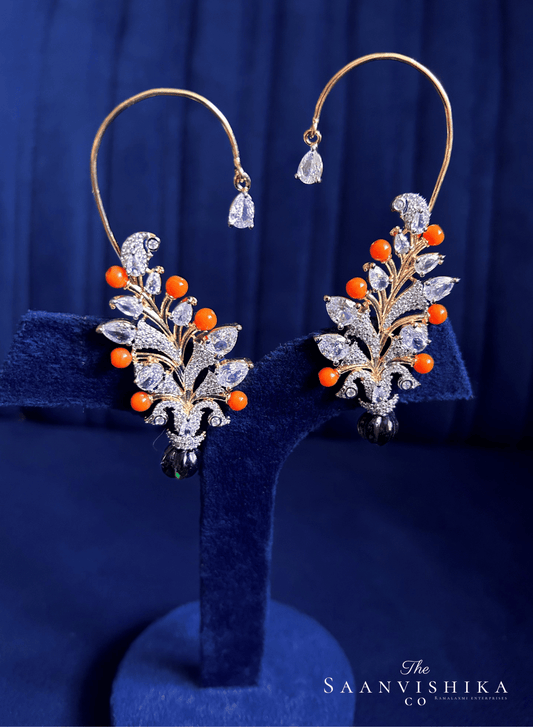 Darkgreen Orange Beads Diamond Earcuffs