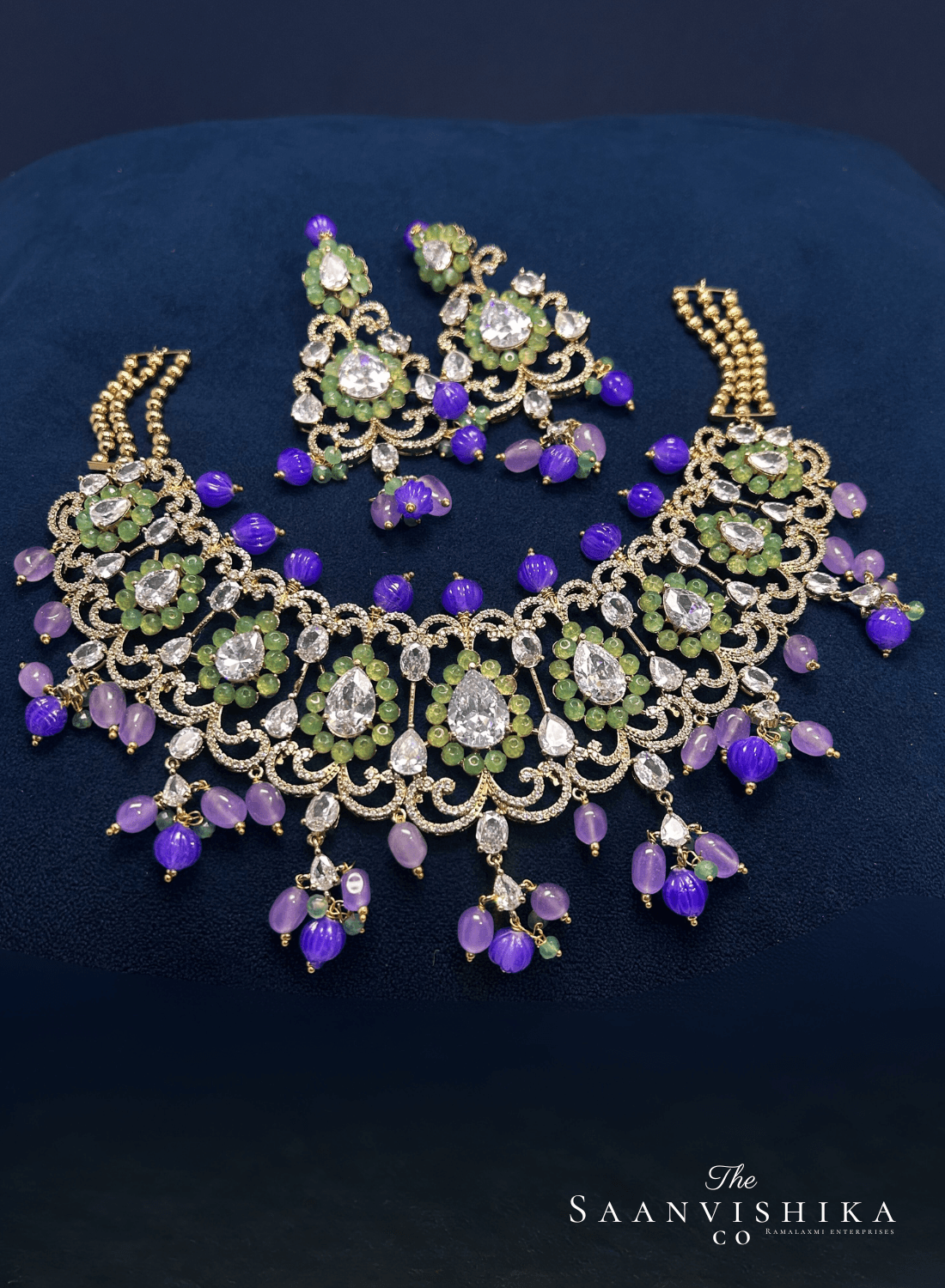 Stylish Modern Beaded Necklace with Earrings Purple