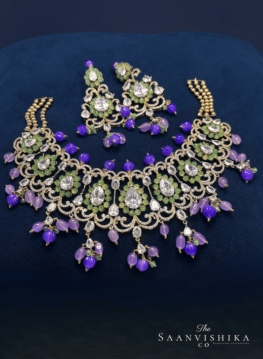 Stylish Modern Beaded Necklace with Earrings Purple