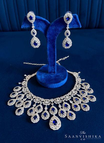 Double Droplet CZ Diamond Necklace (Blue)