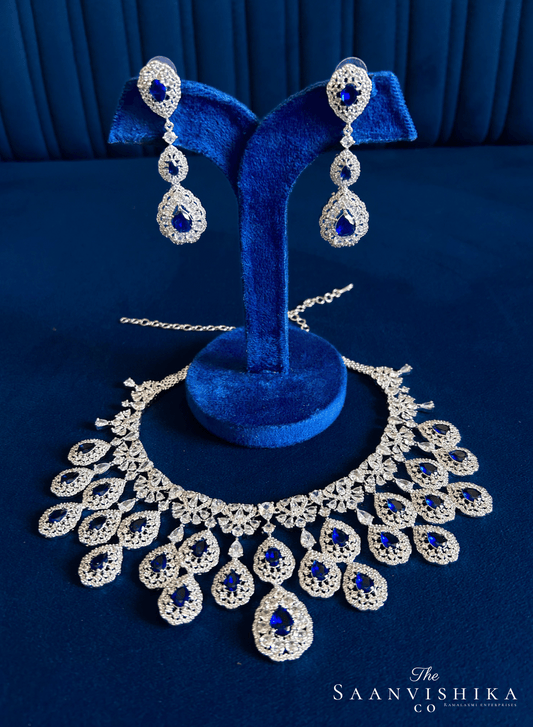 Double Droplet CZ Diamond Necklace (Blue)