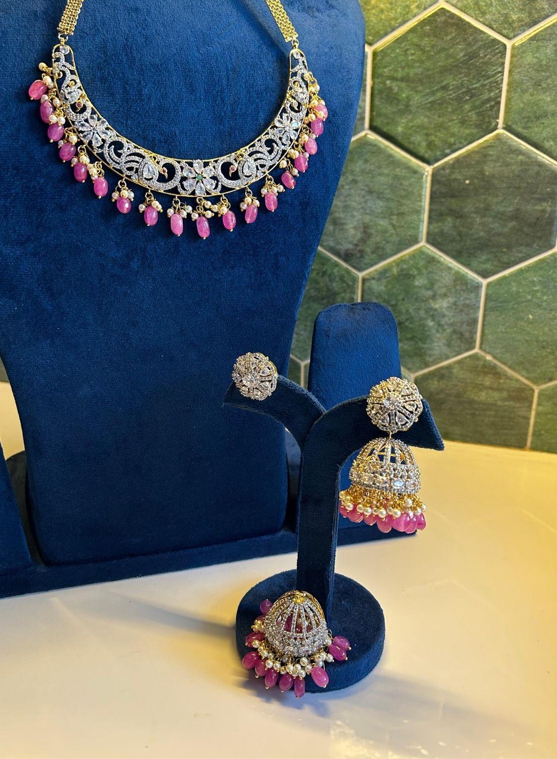 Designer Kante Neckalce with detachable Jhumka earrings and pink beads