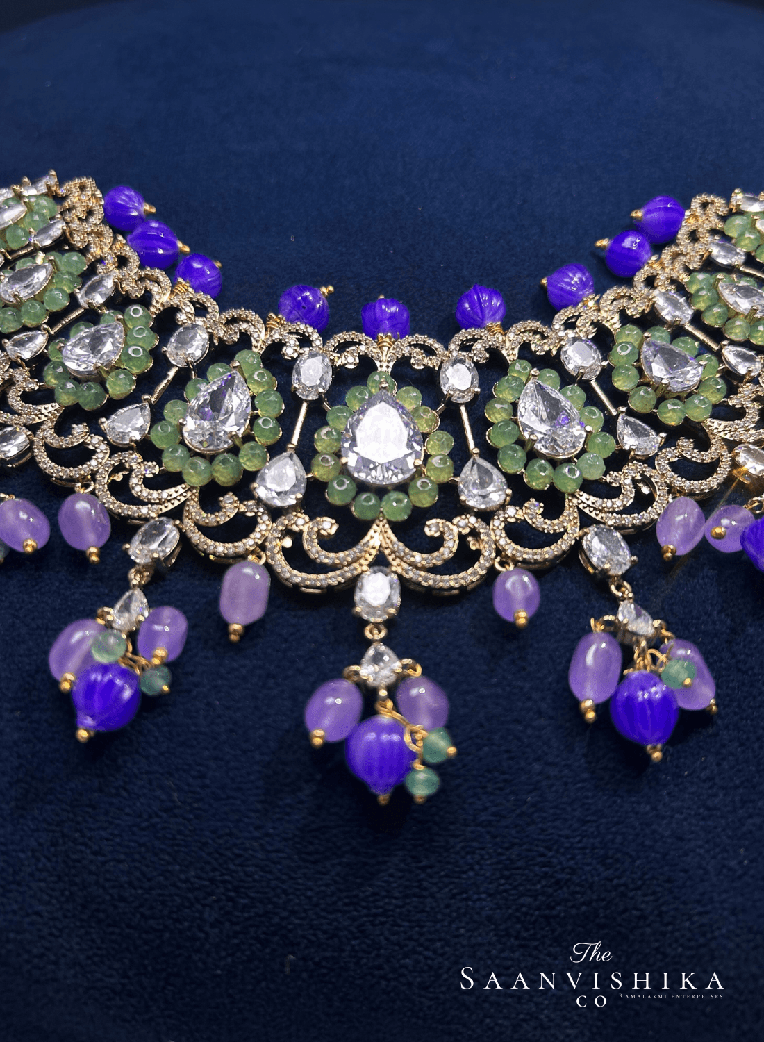Stylish Modern Beaded Necklace with Earrings Purple