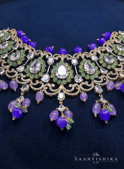 Stylish Modern Beaded Necklace with Earrings Purple