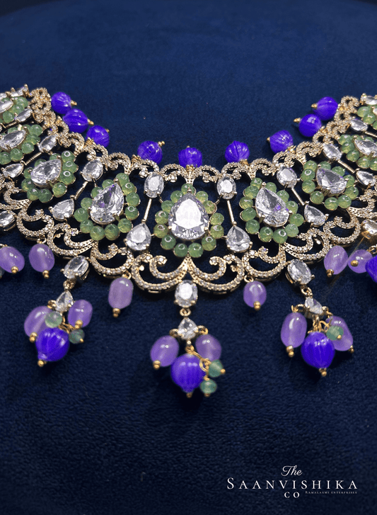 Stylish Modern Beaded Necklace with Earrings Purple