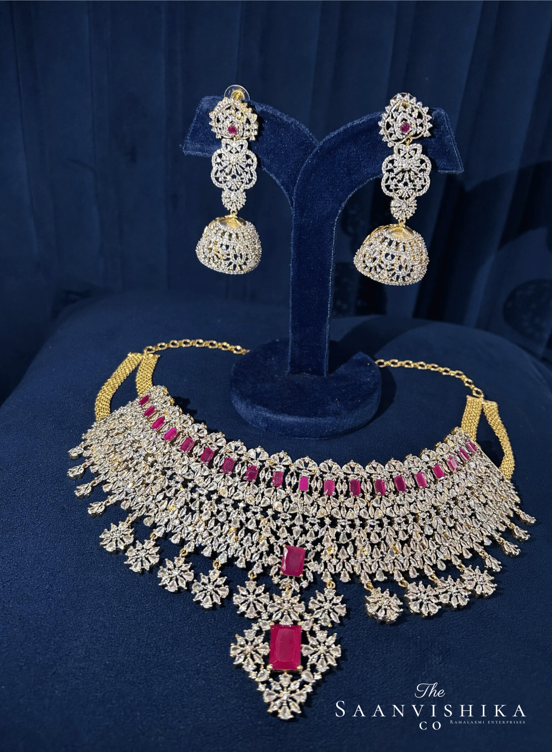 Grand Bridal Multi American Diamond Choker Set (Red)