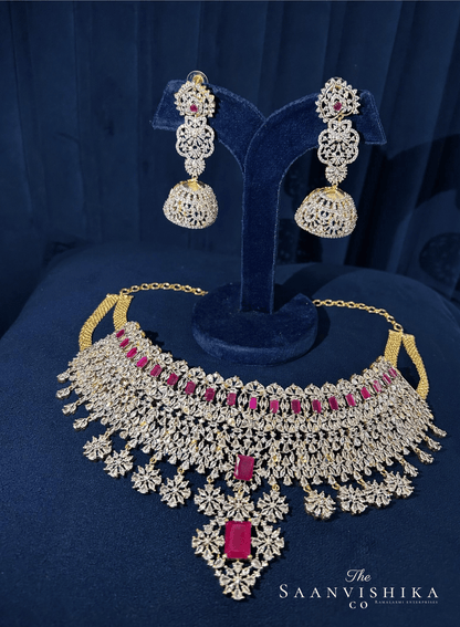 Grand Bridal Multi American Diamond Choker Set (Red)