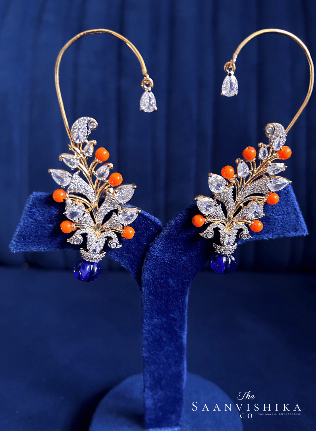 Dark Blue Orange Beads Diamond Earcuffs
