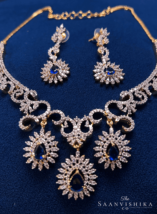 Modern Triple Gemstone Hexa Necklace Blue