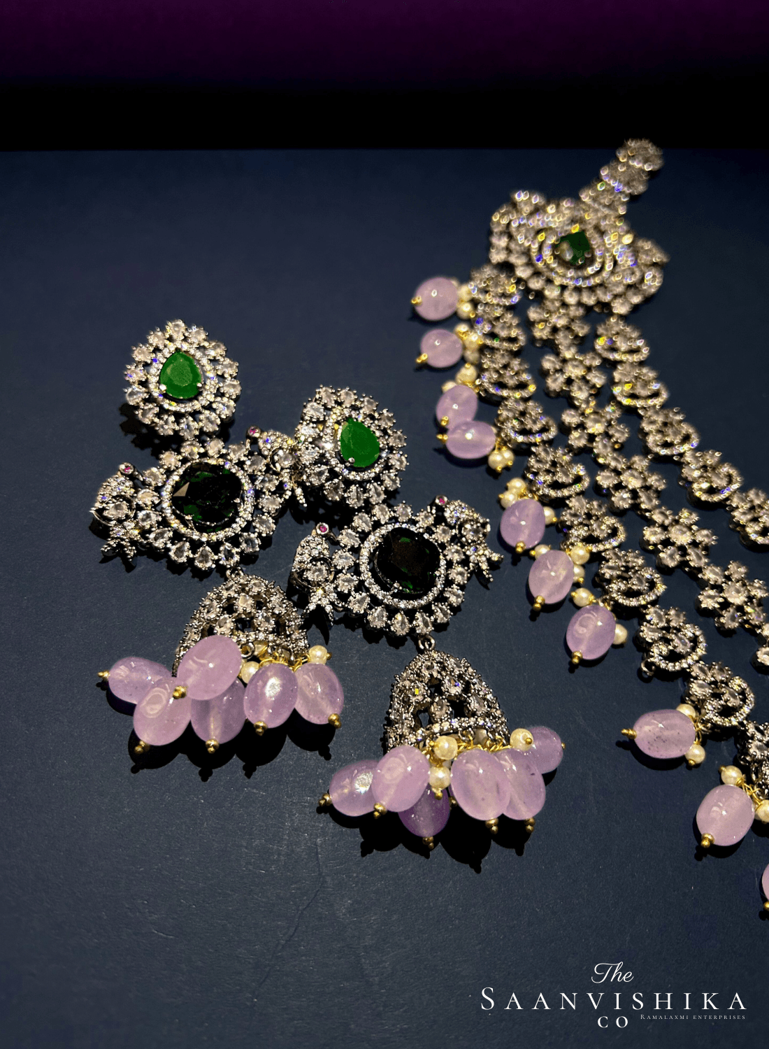 Triple Gemstone Pink Beads Diamond Necklace Green