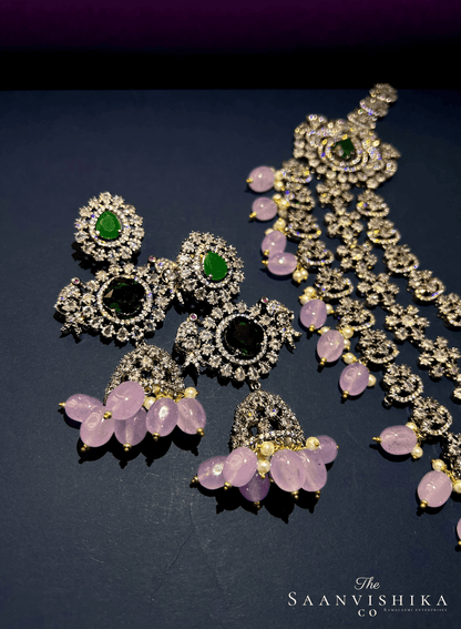 Triple Gemstone Pink Beads Diamond Necklace Green