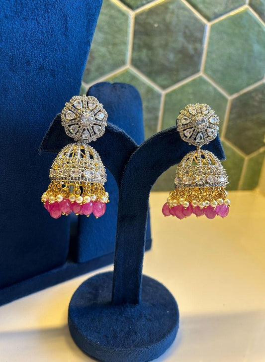 Designer Kante Neckalce with detachable Jhumka earrings and pink beads