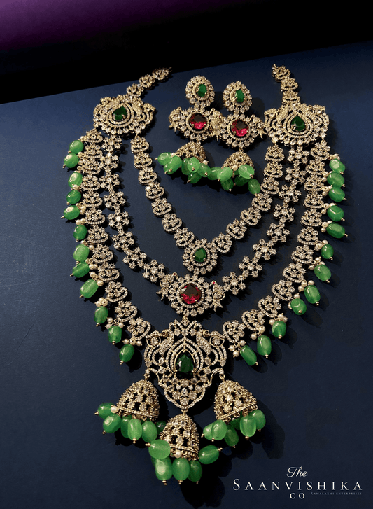 Triple Gemstone Green Beads Diamond Necklace Multi Color