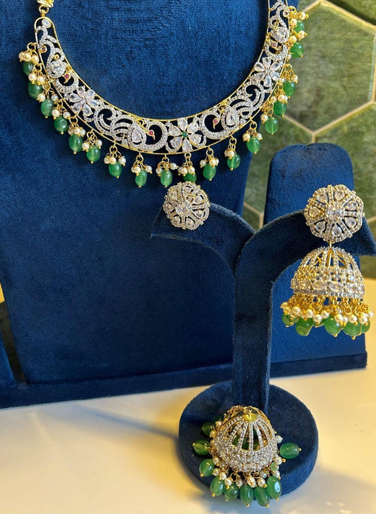 Designer Kante Neckalce with detachable Jhumka earrings and natural green beads