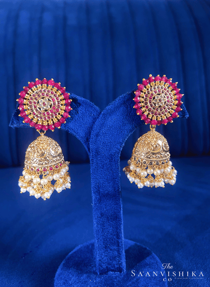 Grand Designer Pearls Jhumka Earrings Red