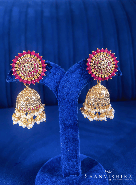 Grand Designer Pearls Jhumka Earrings Red