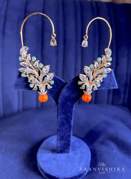 Orange Light Green Beads Diamond Earcuffs