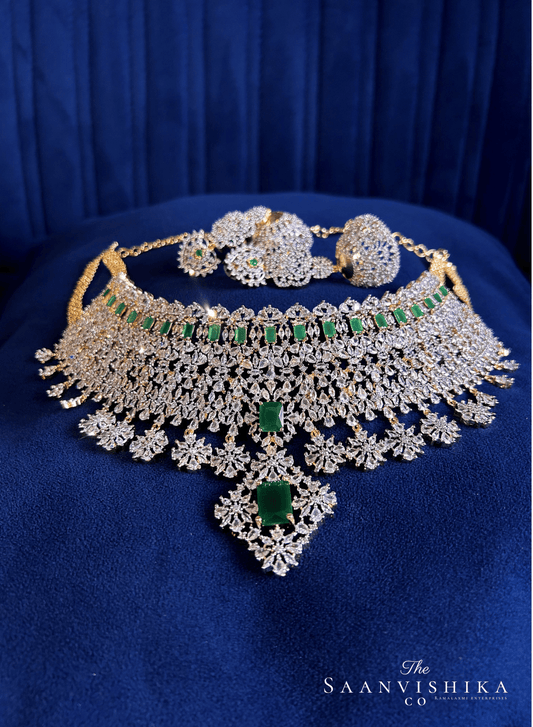 Grand Bridal Multi American Diamond Choker Set (Green)