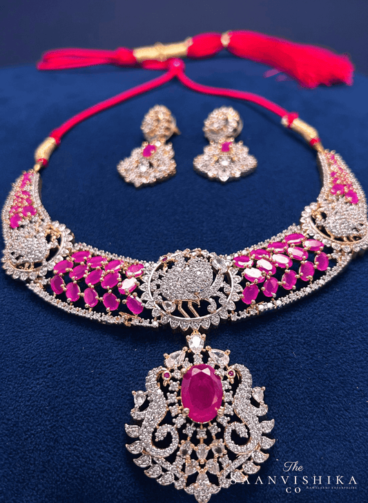 Peacock Necklace Ruby Red with Earrings