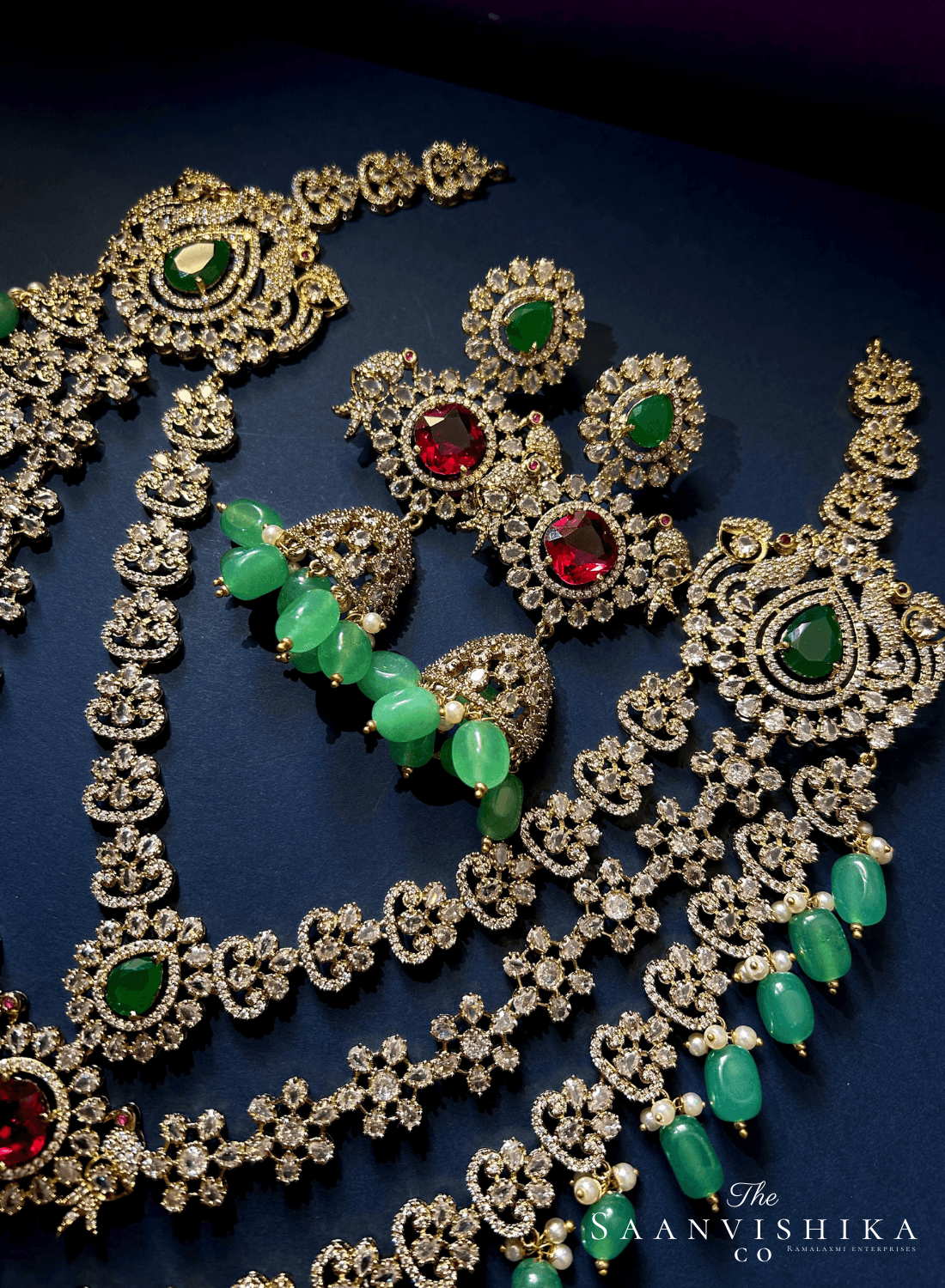 Triple Gemstone Green Beads Diamond Necklace Multi Color