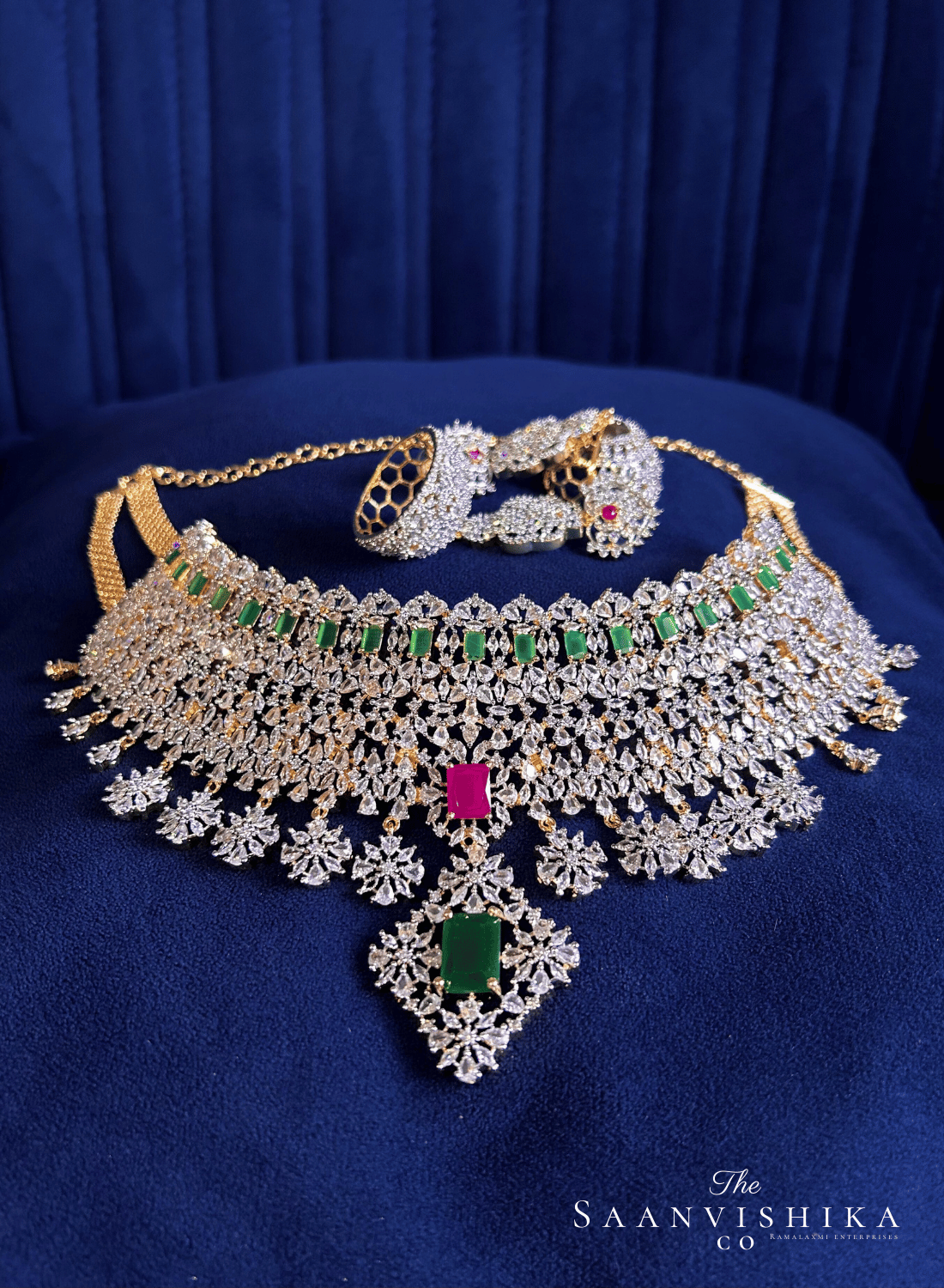 Grand Bridal Multi American Diamond Choker Set (Multicolor)