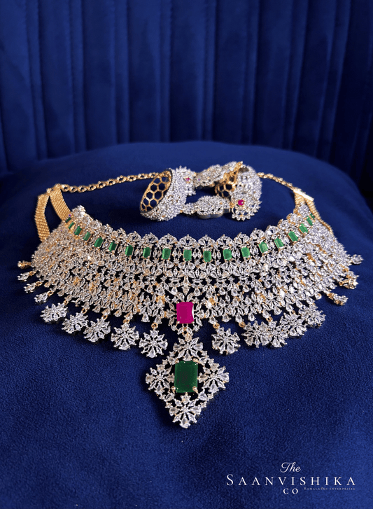 Grand Bridal Multi American Diamond Choker Set (Multicolor)